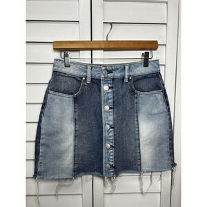 PacSun Two Tone Distressed Raw Hem Button Front Denim Skirt Women's Size 27 Blue